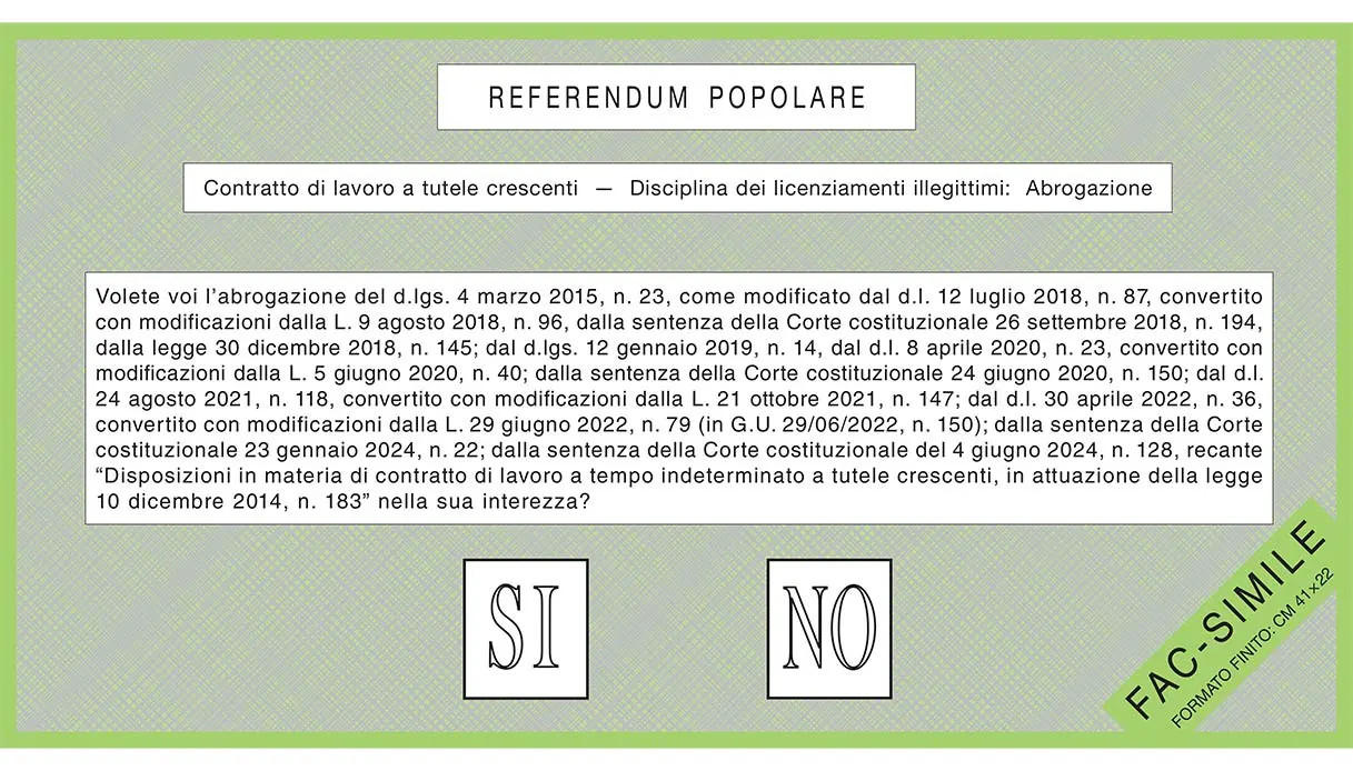 Volete voi l’abrogazione del d.lgs. 4 marzo 2015, n. 23, come modificato dal d.l. 12 luglio 2018, n. 87, convertito con modificazioni dalla L. 9 agosto 2018, n. 96, dalla sentenza della Corte costituzionale 26 settembre 2018, n. 194, dalla legge 30 dicembre 2018, n. 145; dal d.lgs. 12 gennaio 2019, n. 14, dal d.l. 8 aprile 2020, n. 23, convertito con modificazioni dalla L. 5 giugno 2020, n. 40; dalla sentenza della Corte costituzionale 24 giugno 2020, n. 150; dal d.l. 24 agosto 2021, n. 118, convertito con modificazioni dalla L. 21 ottobre 2021, n. 147; dal d.l. 30 aprile 2022, n. 36, convertito con modificazioni dalla L. 29 giugno 2022, n. 79 (in G.U. 29/06/2022, n. 150); dalla sentenza della Corte costituzionale 23 gennaio 2024, n. 22; dalla sentenza della Corte costituzionale del 4 giugno 2024, n. 128, recante “Disposizioni in materia di contratto di lavoro a tempo indeterminato a tutele crescenti, in attuazione della legge 10 dicembre 2014, n. 183 nella sua interezza?